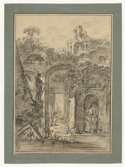 Et landskab med romerske ruiner og enkelte figurer af François Boucher