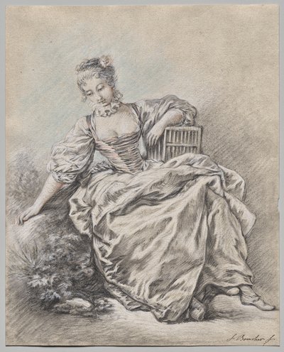 Siddende kvinde med en fuglebur i hånden af François Boucher