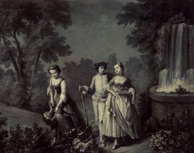 To piger og en ungdom, der arbejder i haver i nærheden af et springvand (mellem pen og vask) af François Boucher