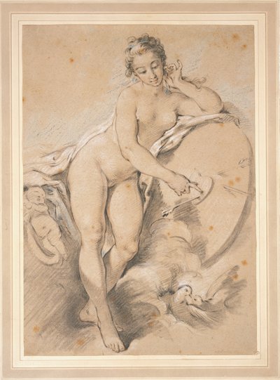 Venus står og peger mod et hjerte på en skydeskive med to duer af François Boucher