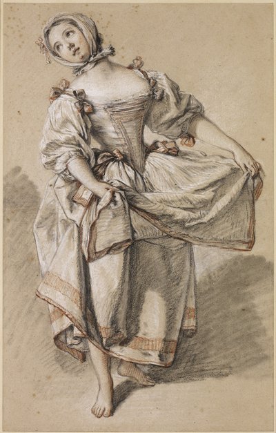 Ung landpige danser, ca. 1765-70 (sort, rød og hvid kridt og stub på buff-lagt papir) af François Boucher