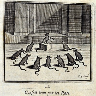 Bestyrelse holdt af Rotterne. Fabler af Jean de La Fontaine (1621-95). Illustration af Francois Chauveau (1613-1676). Udgave af 1728. af Francois Chauveau