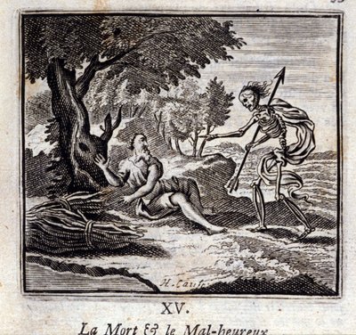 Døden og de ulykkelige. Fabler af Jean de La Fontaine (1621-95). Illustration af Francois Chauveau (1613-1676). Udgave af 1728. af Francois Chauveau