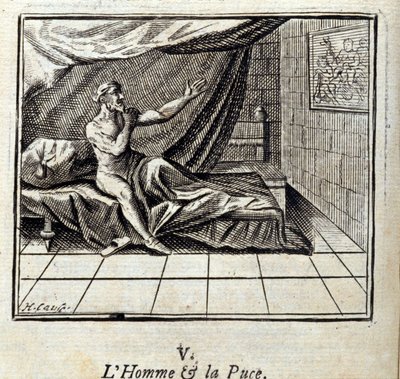 Manden og loppen. Fabler af Jean de La Fontaine (1621-95). Illustration af Francois Chauveau (1613-1676). Udgave af 1728. af Francois Chauveau