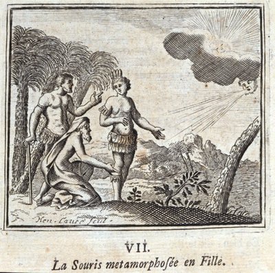 La Souris forvandlet til en pige.Fables af Jean de La Fontaine (1621-95). Illustration af François Chauveau (1613-1676). Udgave af 1728. af Francois Chauveau