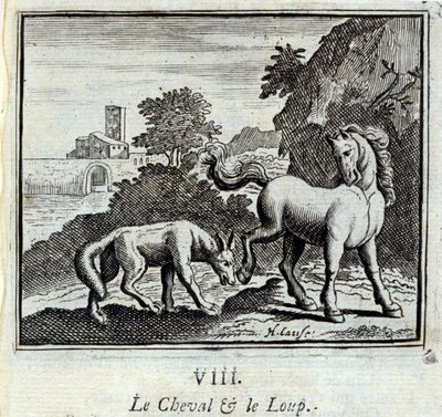 Hesten og ulven. Fabler af Jean de La Fontaine (1621-95). Illustration af François Chauveau (1613-1676). Udgave af 1728. af Francois Chauveau