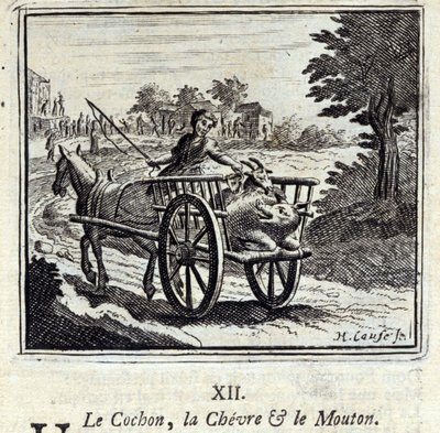 Svinen Geden og Mut.Fables af Jean de La Fontaine (1621-95). Illustration af Francois Chauveau (1613-1676). Udgave af 1728. af Francois Chauveau