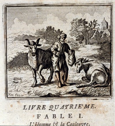 Mand og slange. Fabler af Jean de La Fontaine (1621-95). Illustration af Francois Chauveau (1613-1676). Udgave af 1728. af Francois Chauveau