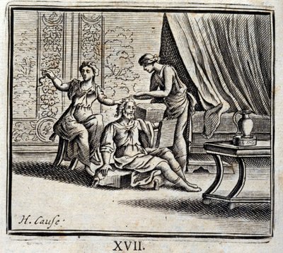 Mand mellem to aldre og hans to elskerinder. Fabler af Jean de La Fontaine (1621-95). Illustration af Francois Chauveau (1613-1676). Udgave af 1728. af Francois Chauveau