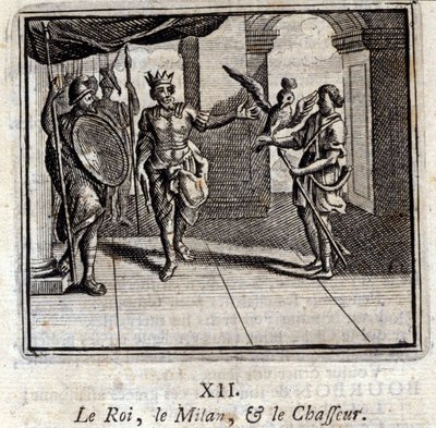 Kongen og jægeren Milan. Fabler af Jean de La Fontaine (1621-95). Illustrationer af François Chauveau (1613-1676). Udgave fra 1728. af Francois Chauveau