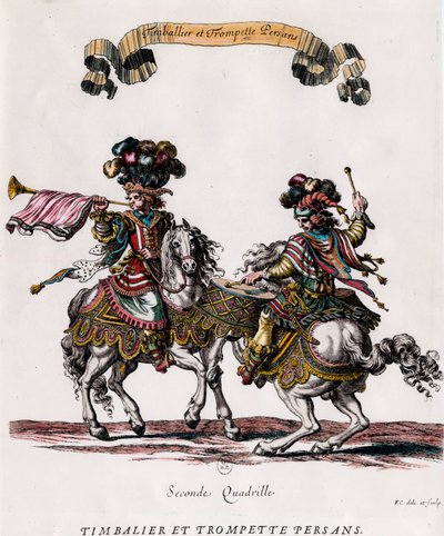 Persisk timbalier og trompet under karrusellen givet af kong Louis XIV (1639-1715) Gravering af Francois Chauveau (1613-1676) ca. 1662 Privat samling af Francois Chauveau