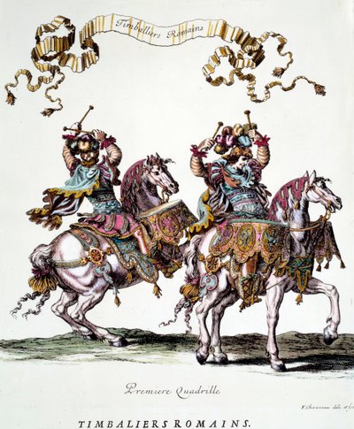 Romerske timbaliers under karrusellen givet af kong Ludvig XIV (1638-1715) i 1662 Gravering af Francois Chauveau (1613-1676) 1600-tallets privatsamling af Francois Chauveau