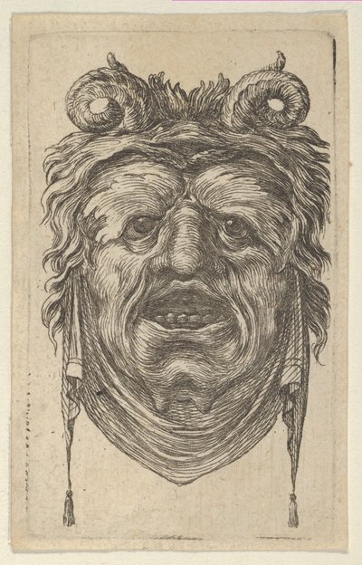 Satyrmaske med krøllede horn, bladrige øjenbryn og en klud, der hænger under hagen, ca. 1635-45. af Francois Chauveau
