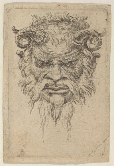 Satyrmaske med krøllede horn, der kigger ned, fra Divers Masques, ca. 1635-45. af Francois Chauveau