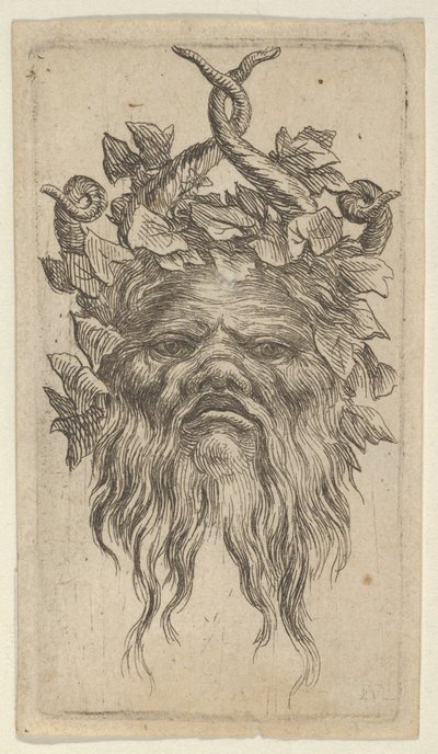 Satyrmaske med krogede horn og en efeukrans, fra Divers Masques, ca. 1635-45. af Francois Chauveau