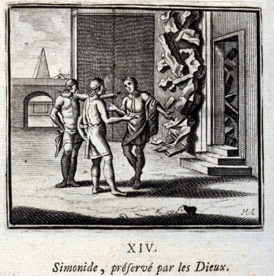 Simonides bevaret af guderne. Fabler af Jean de La Fontaine (1621-95). Illustration af Francois Chauveau (1613-1676). Udgave af 1728. af Francois Chauveau