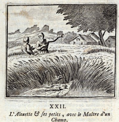 Alouette og hans små børn sammen med mesteren på en mark. Fabler af Jean de La Fontaine (1621-95). Illustration af François Chauveau (1613-1676). Udgave fra 1728. af Francois Chauveau