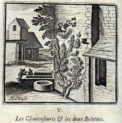 Flagermusen og de to Væsler. Fabler af Jean de La Fontaine (1621-95). Illustration af François Chauveau (1613-1676). Udgave af 1728. af Francois Chauveau