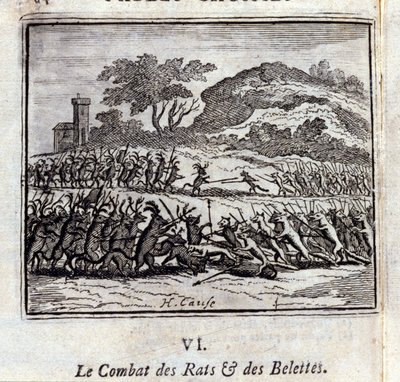 Slaget om rotter og væsler. Fabler af Jean de La Fontaine (1621-95). Illustration af François Chauveau (1613-1676). Udgave af 1728. af Francois Chauveau