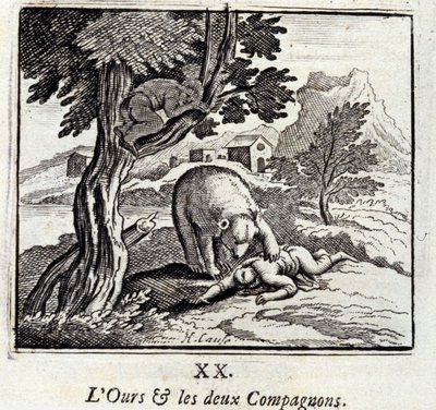 Bjørnen og de to ledsagere. Fabler af Jean de La Fontaine (1621-95). Illustration af François Chauveau (1613-1676). Udgave af 1728. af Francois Chauveau