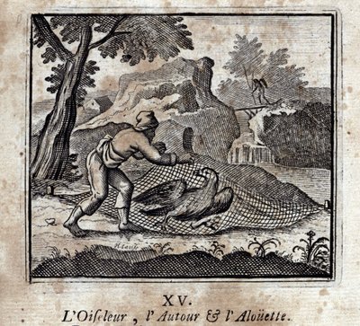 Fuglefuglen rundt og Alouetten. Fabler af Jean de La Fontaine (1621-95). Illustration af François Chauveau (1613-1676). Udgave af 1728. af Francois Chauveau