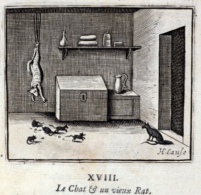 Katten og en gammel rotte. Fabler af Jean de La Fontaine (1621-95). Illustration af Francois Chauveau (1613-1676). Udgave af 1728. af Francois Chauveau