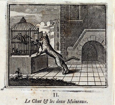 Katten og de to spurve. Fabler af Jean de La Fontaine (1621-95). Illustration af François Chauveau (1613-1676). Udgave af 1728. af Francois Chauveau