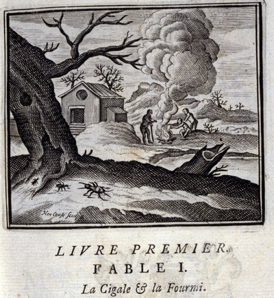 Cigalen og myren. Fabler af Jean de La Fontaine (1621-95). Illustration af François Chauveau (1613-1676). Udgave fra 1728. af Francois Chauveau