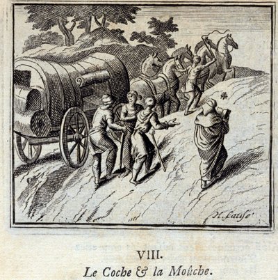 Cochen og Fluen. Fabler af Jean de La Fontaine (1621-95). Illustration af Francois Chauveau (1613-1676). Udgave af 1728. af Francois Chauveau