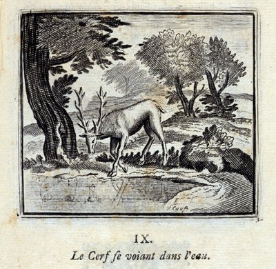 Hjorten ser sig selv i vandet. Fabler af Jean de La Fontaine (1621-95). Illustration af François Chauveau (1613-1676). Udgave fra 1728. af Francois Chauveau