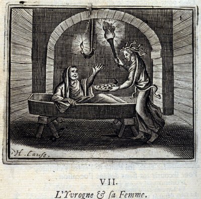Fuldmanden og hans kone. Fabler af Jean de La Fontaine (1621-95). Illustration af François Chauveau (1613-1676). Udgave fra 1728. af Francois Chauveau