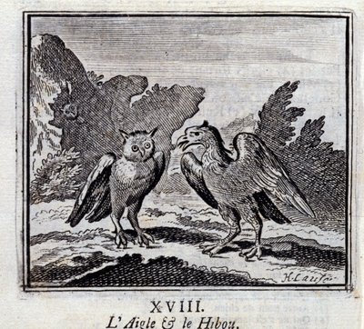 Ørnen og uglen. Fabler af Jean de La Fontaine (1621-95). Illustration af François Chauveau (1613-1676). Udgave af 1728. af Francois Chauveau