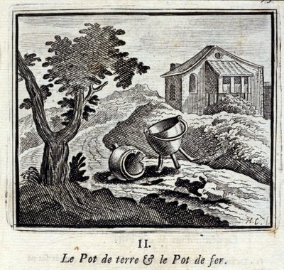 Jordgryden og jerngryden. Fabler af Jean de La Fontaine (1621-95). Illustration af François Chauveau (1613-1676). Udgave fra 1728. af Francois Chauveau