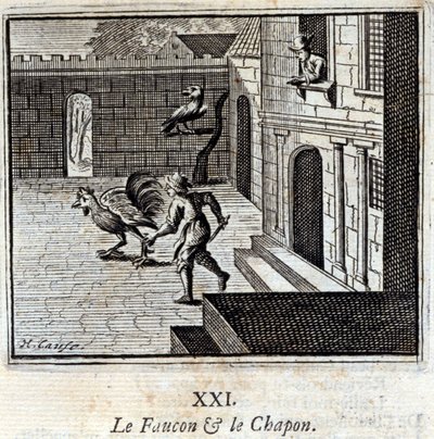 Falken og Kaponen. Fabler af Jean de La Fontaine (1621-95). Illustration af François Chauveau (1613-1676). Udgave af 1728. af Francois Chauveau