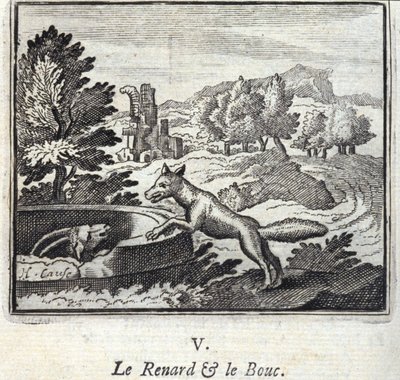 The Fox and the Bouc.Fables af Jean de La Fontaine (1621-95). Illustration af François Chauveau (1613-1676). Udgave af 1728. af Francois Chauveau