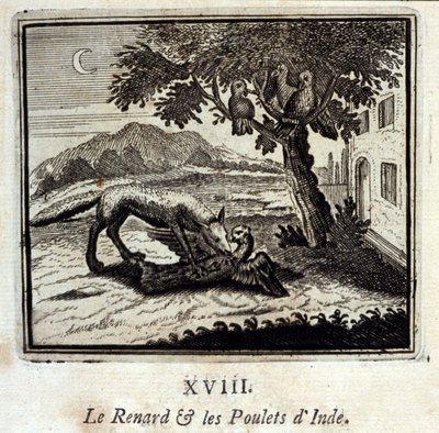 Ræven og Indiens høns. Fabler af Jean de La Fontaine (1621-95). Illustration af François Chauveau (1613-1676). Udgave af 1728. af Francois Chauveau
