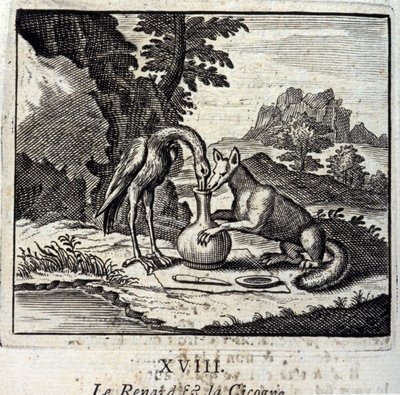 Ræven og storken. Fabler af Jean de La Fontaine (1621-95). Illustration af Francois Chauveau (1613-1676). Udgave af 1728. af Francois Chauveau