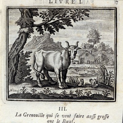 Frøen, der vil blive lige så stor som oksekødet. Fabler af Jean de La Fontaine (1621-95). Illustration af François Chauveau (1613-1676). Udgave af 1728. af Francois Chauveau