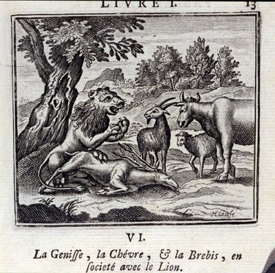Genisse, Gove og Fåret i selskab med Løven. Fabler af Jean de La Fontaine (1621-95). Illustration af François Chauveau (1613-1676). Udgave fra 1728. af Francois Chauveau