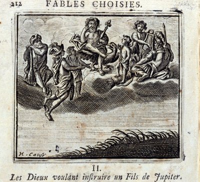 Guderne ønsker at undervise en søn af Jupiter. Fabler af Jean de La Fontaine (1621-95). Illustration af François Chauveau (1613-1676). Udgave fra 1728. af Francois Chauveau