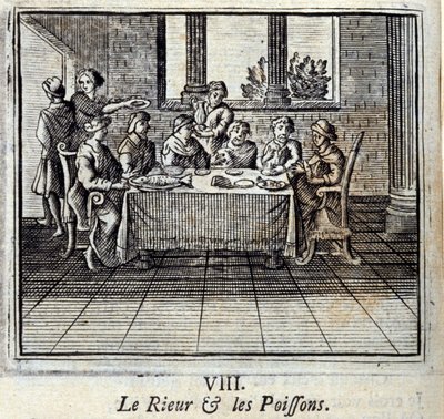 Latteren og Fiskene. Fabler af Jean de La Fontaine (1621-95). Illustration af François Chauveau (1613-1676). Udgave af 1728. af Francois Chauveau