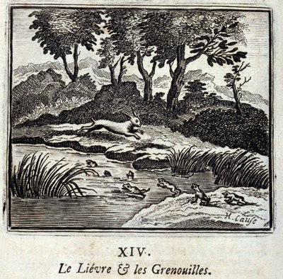 Lievre og frøerne. Fabler af Jean de La Fontaine (1621-95). Illustration af François Chauveau (1613-1676). Udgave af 1728. af Francois Chauveau