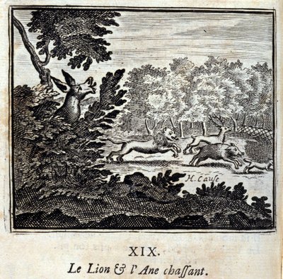 Løven og æseljagten. Fabler af Jean de La Fontaine (1621-95). Illustration af François Chauveau (1613-1676). Udgave af 1728. af Francois Chauveau