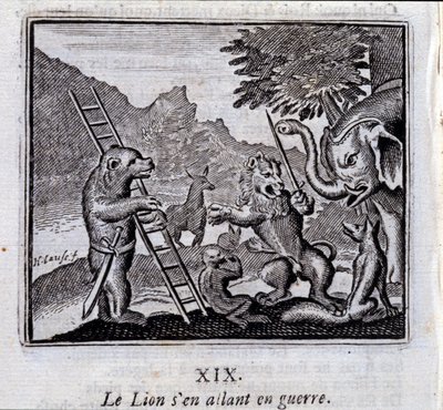 Løven går i krig. Fabler af Jean de La Fontaine (1621-95). Illustration af Francois Chauveau (1613-1676). Udgave af 1728. af Francois Chauveau