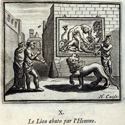 Løven skudt ned af Mennesket. Fabler af Jean de La Fontaine (1621-95). Illustration af François Chauveau (1613-1676). Udgave af 1728. af Francois Chauveau