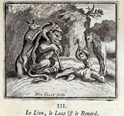 Løven, ulven og ræven. Fabler af Jean de La Fontaine (1621-95). Illustration af François Chauveau (1613-1676). Udgave af 1728. af Francois Chauveau