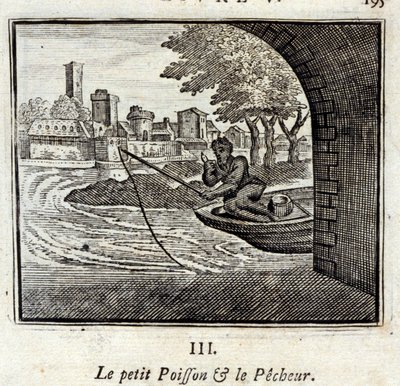 Den lille fisk og fiskeren. Fabler af Jean de La Fontaine (1621-95). Illustration af François Chauveau (1613-1676). Udgave af 1728. af Francois Chauveau