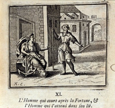 Manden, der løber efter Fortune og Manden, der venter på ham i sengen. Fabler af Jean de La Fontaine (1621-95). Illustration af François Chauveau (1613-1676). Udgave af 1728. af Francois Chauveau