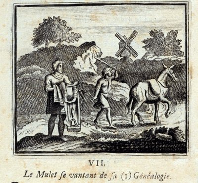 Multen praler med sin slægtsforskning. Fabler af Jean de La Fontaine (1621-95). Illustration af François Chauveau (1613-1676). Udgave af 1728. af Francois Chauveau