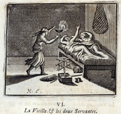 Den gamle Dame og de to Tjenere. Fabler af Jean de La Fontaine (1621-95). Illustration af François Chauveau (1613-1676). Udgave af 1728. af Francois Chauveau